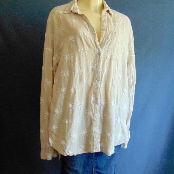 Malai Sand Palm Embroidered White Palm Trees Viscose Linen Cover up Shirt L - Picture 4 of 12